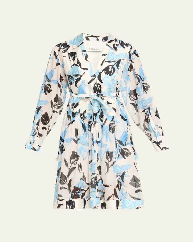 Joyful Tulips Long-Sleeve Shirt Dress with Waist Tie